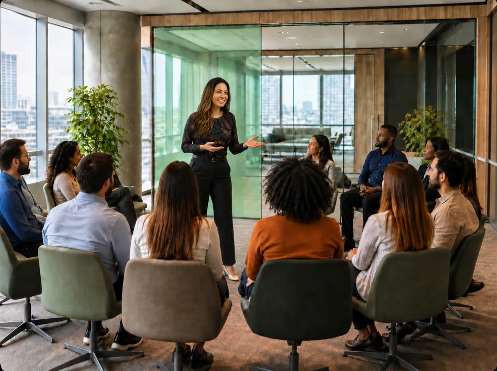 Treinamento corporativo de saúde mental conduzido em sala de reunião