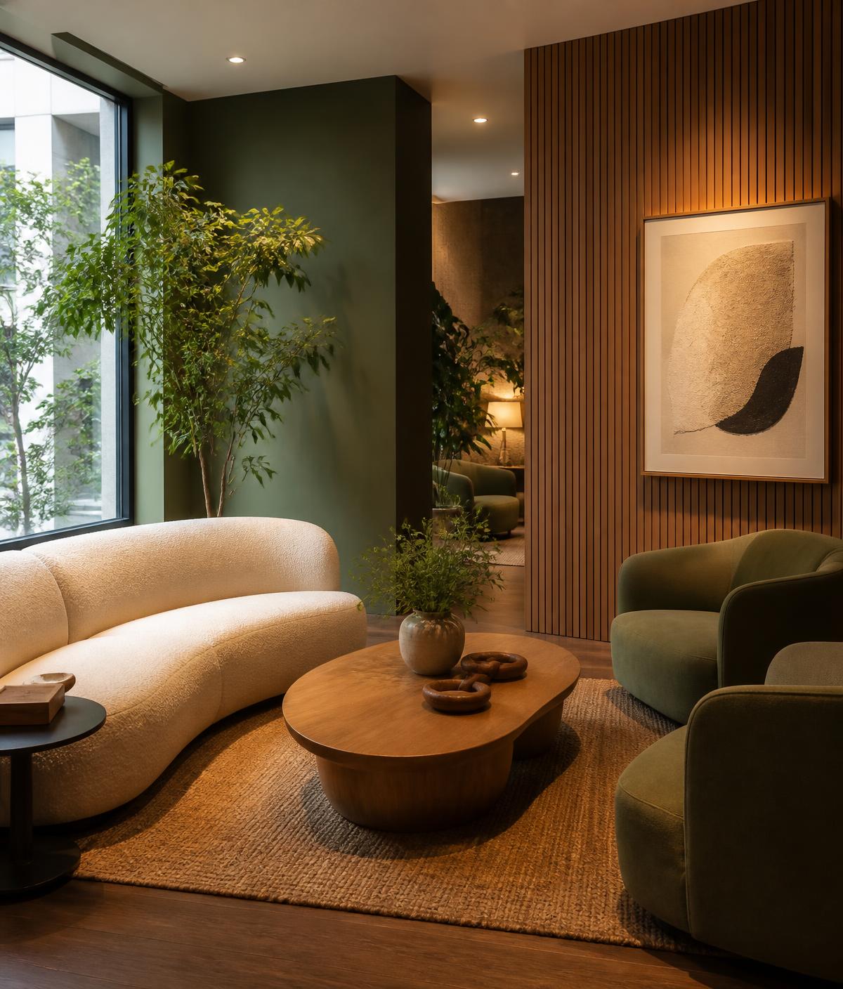 Recepção do Instituto PsicoDay com poltronas, plantas e iluminação suave